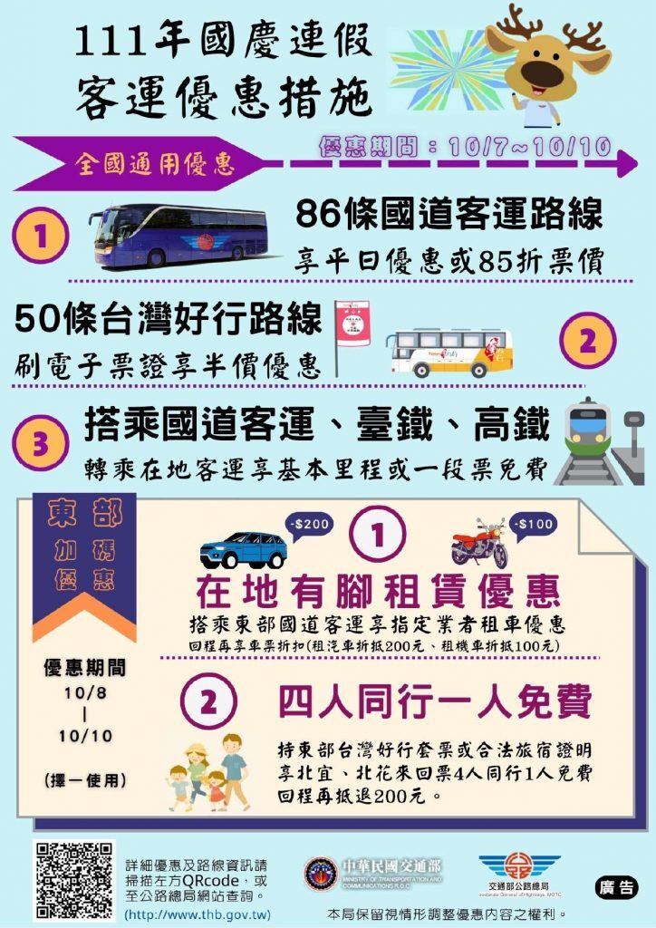 【轉知】公路總局111年國慶連續假期提供搭乘公路公共運輸享多項優惠案